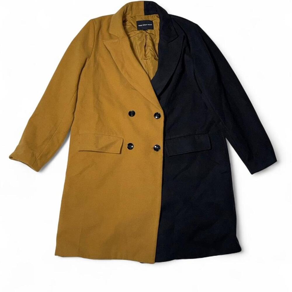Women’s Who What Wear black and mustard yellow color-blocked pea coat